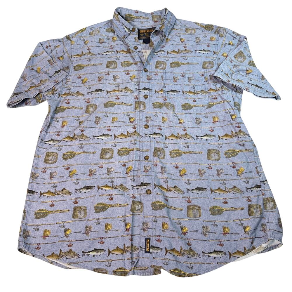 Woolrich Mens blue fishing print short sleeve button up. Size L. outdoors